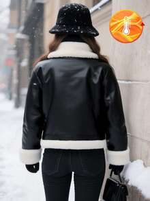 SHEIN Teen Girl Vintage Retro Style Fleece Jacket For Casual Commuter Daily Wear, Long Sleeve, Winter, Holiday - Black - View 2