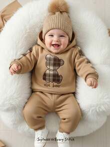 Cozy Pixies 2pcs Baby Boy Cartoon Bear Pattern Knit Soft Patchwork Brown Plaid Round Neck Long Sleeve Pullover Sweatshirt And Elastic Waist Long Pants Set - Khaki - View 1