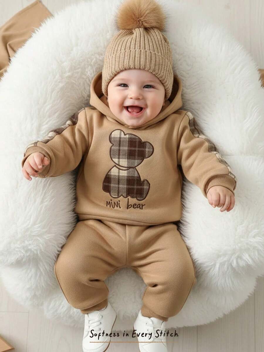 Cozy Pixies 2pcs Baby Boy Cartoon Bear Pattern Knit Soft Patchwork Brown Plaid Round Neck Long Sleeve Pullover Sweatshirt And Elastic Waist Long Pants Set - Khaki - View 1