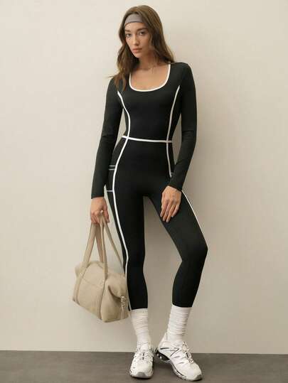 With My Calm 1件吸湿排汗撞色基础款连体裤，运动服，健身，瑜伽