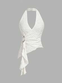 SHEIN MOD 女士纯色露背荷叶边不对称下摆时尚百搭吊带背心 - 杏色 - 查看 5