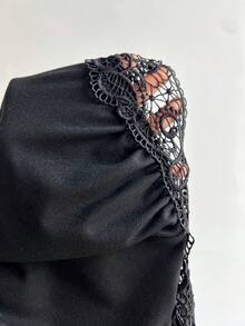 Elamini Women's Casual V-Neck Lace Patchwork Ruched Lantern Sleeve Fitted Long Sleeve T-Shirt, Winter - Black - View 6