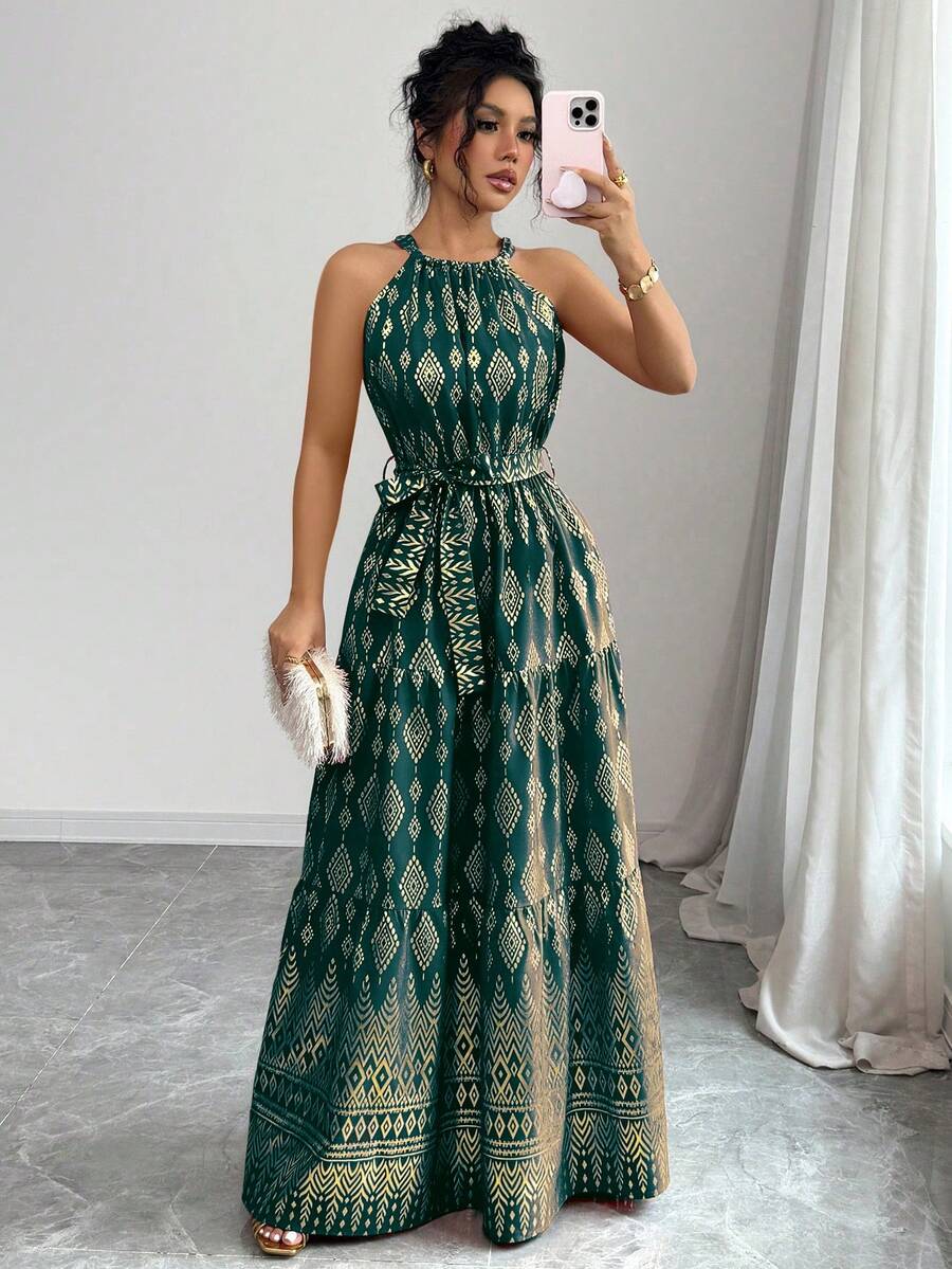Breezaya 女士优雅挂脖长裙，金属几何印花 - 墨綠色 - 查看 1