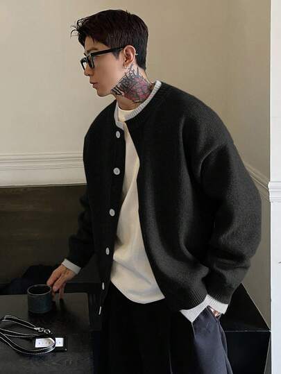 DAZY Men's Solid Color Contrast Gray Cardigan, Autumn