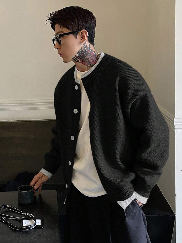 Men's Solid Color Contrast Gray Cardigan, Autumn