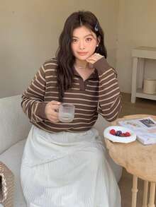 Dazy Plus Áo len chui đầu cổ lọ màu trơn cỡ lớn dành cho nữ, dáng ôm, thu/đông - Màu nâu Sô-cô-la - Xem 3