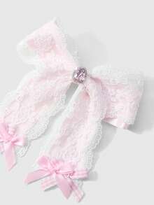 ROMWE Kawaii 1pc Minimalist Elegant Champagne Shiny Mesh Ribbon Faux Pearl Bow DIY Hair Clip, Suitable For Women & Girls Daily Wear, Holiday Gift - Baby Pink - View 8