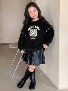 DAZY Young Girls Crew Neck Knit Printed Sweatshirt, Fall Spring - Black - View 1