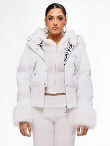 BABYPHAT Luxury Faux Fur Hood Puffer Coat Winter Quilted Down Jacket With Decorative Zipper Details And Rhinestone Accents For Cold Weather