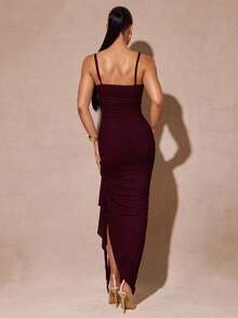 Silquee Elegant Sage Green Romantic Ruffle Sleeve High Slit Dress, Lace Bodycon Party Dress For Women, Suitable For Valentine's Day, Date, Wedding, Prom - Maroon - View 6