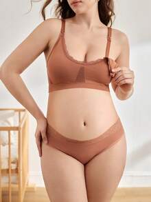 Moonlight&Mama Plus Size Maternity Solid Color Contrast Lace Comfortable Nursing Bra - Brown - View 3