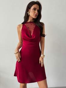 Firerie Elegant Red Sleeveless Mini Tank Dress With Draped Round Neck And Semi-Sheer Detail For Women - Red - View 7