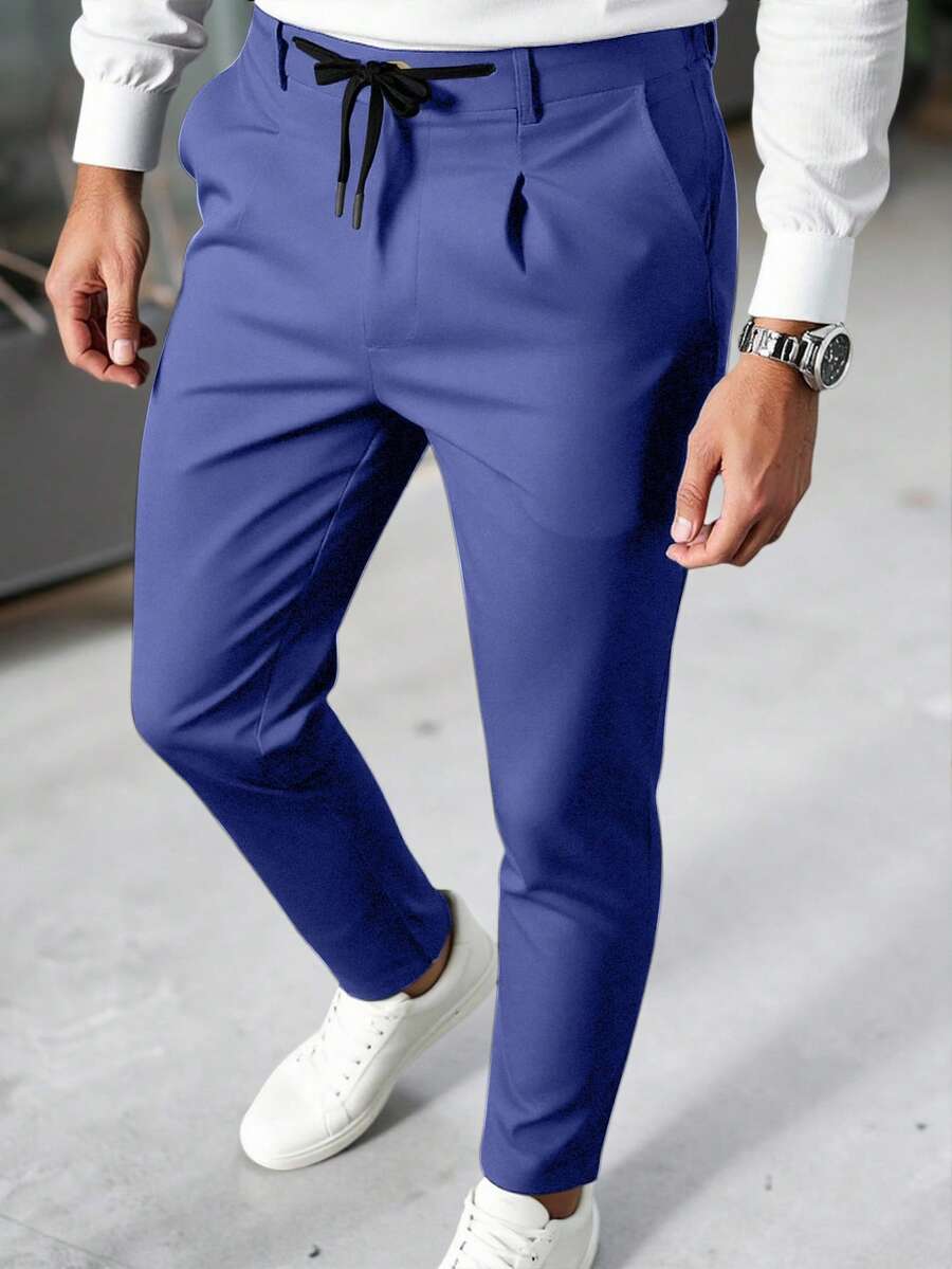 Manfinity Mode Pantalones de traje casuales de hombre con cintura con cordón, ajuste delgado, unicolor, adecuados para el trabajo y el transporte - Azul - Ver 1