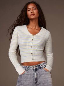 Athîral Women's Blue White Stripe Ribbed Knit Cardigan,Sailor Collar Long Sleeve Gold Button Slim Fit Sweater For Autumn,Smart Casual,School,Back-To-School - Cream - View 4