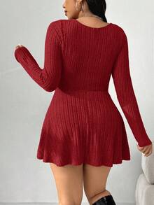 SHEIN EZwear Plus Size Women's Casual Ribbed Knit Crew Neck Cinched Waist Short Jumpsuit Pants, Spring/Autumn - Red - View 2