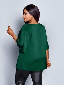 SOLERSUN Christmas Plus Size Women's Fashionable Solid Color Elegant Mock Neck Stylish And Sophisticated Batwing Sleeve Blouse Summer - Dark Green - View 2