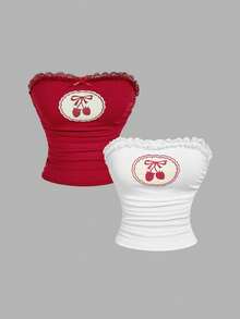 SHEIN MOD 休闲樱桃印花抹胸上衣 Y2K 图案T恤 女式上衣，锐舞上衣，抹胸上衣 - 紅白色 - 查看 9