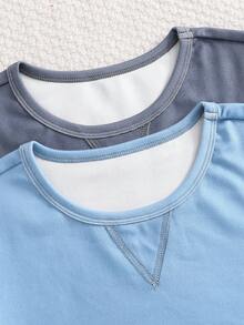 男童纯色休闲针织柔软舒适长袖T恤和打底裤睡衣套装（2件套） - 彩色 - 查看 3