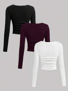 SHEIN EZwear 女士百搭V领褶皱腰部保暖长袖修身T恤，休闲百搭，冬季 - 彩色 - 查看 2