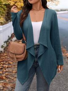 SHEIN VCAY 大码冬季时尚不规则领长款针织开衫，适合外出和工作穿着