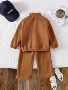 SHEIN Playful Pals 两件套女童针织卫衣，单面抓绒半拉链套头衫，休闲经典百搭浅灰色两件套 - 棕色 - 查看 2