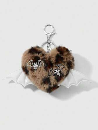 Kawaii 1 pezzo Portachiavi stile retrò Y2K punk goth, in finta pelliccia leopardata marrone, con rivetti e pendente a cuore 3D a croce, adatto per donne, uso quotidiano o regalo, Ognissanti