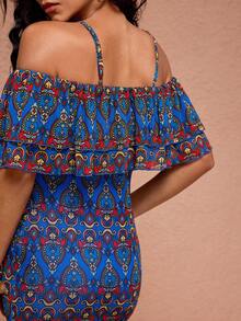 JIAN LASALA All-Over Print Mesh Spaghetti Straps Layered Ruffled Midi Dress Women Holiday Vacation Dress Off Shoulder Summer Dress Off The Shoulder Dress Women Havana Nights Outfit Ankara African Dress African Print Dress Off Shoulder Dresses For Woman Boho Dress Vacation Dress For Women Beach Wedding Guest - Blue - View 3