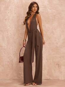 SHEIN BAE 夏季海滩度假紧身性感深V打结连体裤，适合日常约会、夜店、派对、聚会、鸡尾酒会、泳池派对、返校季服装、学期服装、节日服装、音乐节服装、乡村音乐节服装、演唱会服装 - 棕色 - 查看 7