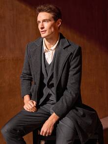 Officeau Men's Turn-Down Collar Mid-Length Jacket, Double-Breasted Trench Coat, For Fall Spring To Summer - Dark Grey - View 4