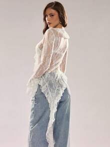 Glamine 女士优雅白色蕾丝透视喇叭袖荷叶领系带流苏轻薄外套，浪漫度假风，优雅休闲外套，蕾丝衬衫，蕾丝上衣，透视上衣，牛仔女式荷叶边上衣，透明上衣 - 白色 - 查看 2
