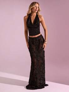 SHEIN Glamour Schwarzer Meerjungfrau-Rock für Damen, schwarzer Blumen-Sommer-Eleganz-Nachtstil, raffinierter Abendrock für Thanksgiving, Neujahr, Geburtstagsveranstaltungen - Schwarz - Übersicht 2