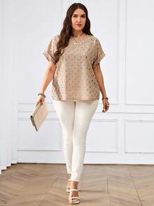 Miaspire 大码女式金箔波点印花蝙蝠袖衬衫，夏季女装，度假，春季 - 卡其色 - 查看 7