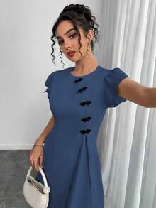 Chiquease 复古中国风纽扣装饰短袖连衣裙 - 霧霾藍 - 查看 4