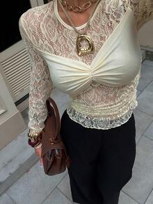 Siren Gaze Women's Contrast Lace Ruffle Fitted Sexy Blouse, Autumn - Light Yellow - View 1