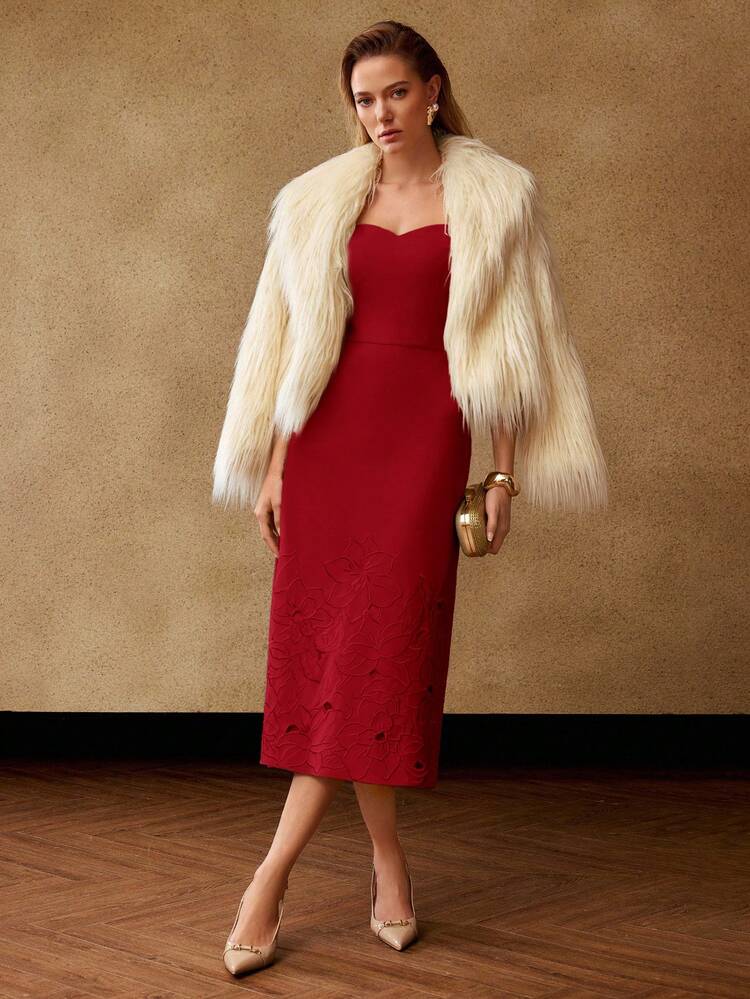 WOMEN'S EMBROIDERED STRAPLESS MIDI DRESS, SUITABLE FOR WINTER DATES