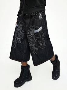 ROMWE MEN Men's Casual Skull Pattern Cropped Denim Jeans - Black - View 6