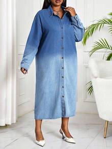 SHEIN Lady Plus Size Casual Washed Ombre Front Button Denim Dress New Year Women Elegant Dress - Multicolor - View 4