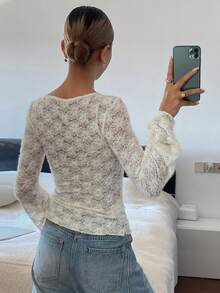 DAZY Lace Sheer Round Neck Blouse For Women Y2k - Apricot - View 2