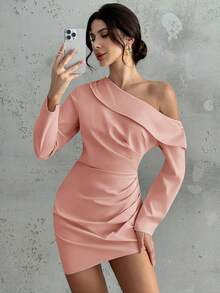 Firerie Vestido Curto de Manga Longa com Bainha Assimétrica Plissada Elegante Feminino, Estilo Chique Urbano para Ir e Vir e Encontros, Outono/Inverno - Rosa empoeirado - Visão 4