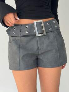 Aloruh Women's Autumn/Winter New Gray Tie-Dye Washed PU Mini Shorts With Belt & Button Closure, Retro Distressed Style - Dark Grey - View 3