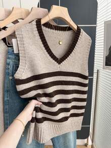 Franclia 休闲宽松V领无袖针织撞色条纹毛衣背心，秋冬款 - 卡其色 - 查看 1