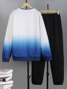 Vacaura 2pcs/Set Teenage Boys Casual Blue & White Ombre Pullover T-Shirt Set With Woven Cargo Pants, Fashionable & Suitable For Daily Wear, Commuting, School - Multicolor - View 2