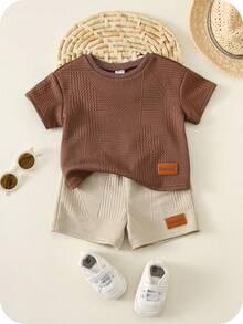 SHEIN Bộ 2 áo thun tay ngắn in chữ đơn giản dễ thương cho bé trai/bé gái và quần short - Nhiều màu - Xem 7