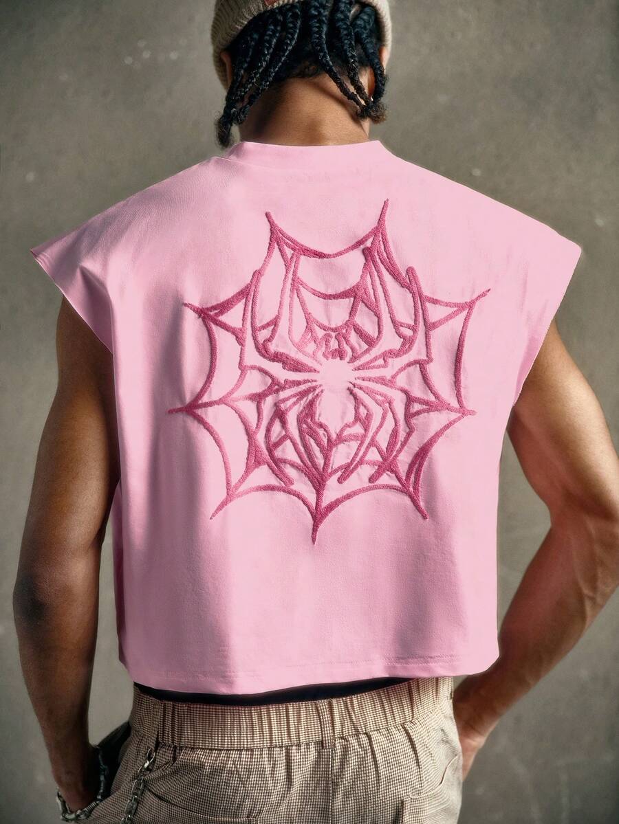 AXEPEAK Men's Graphic T-Shirt With Spider Web Pattern, Embroidered Towel, Sleeveless Tank Top - Pink - View 1