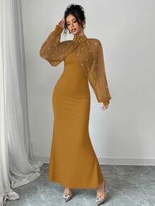 Elenzga Robe sirène avec col perlé élégant, tenue maxi femme pour l'automne - Orange - Voir 4