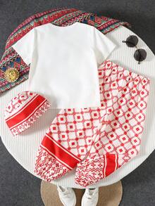 SHEIN Festival 2pcs/Set Young Boy Graphic Print T-Shirt And Geometric Pattern Pants With Hat, White Round Neck Boy Portrait Print Pants