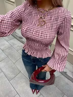 Siren Gaze Women's Plaid Waist Cinched Round Neck Long Sleeve Shirt Christmas For Women Casual Blouse Pleated Design, Fitted Stretch Red Spring Pink Elegant
