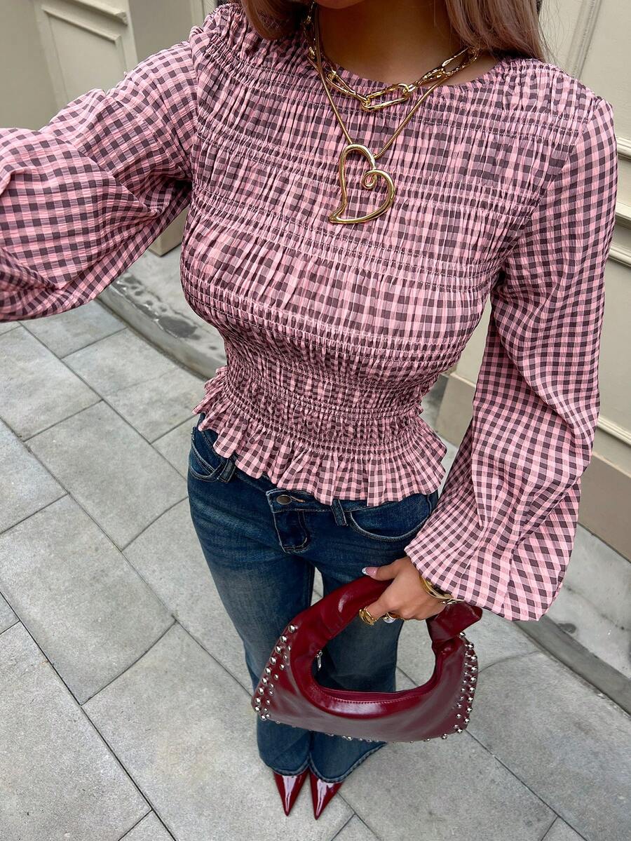 Siren Gaze Women's Plaid Waist Cinched Round Neck Long Sleeve Shirt Christmas For Women Casual Blouse For Women Pleated Design, Fitted Waist, Stretch Plaid Shirt Red Spring Pink - Pink - View 1