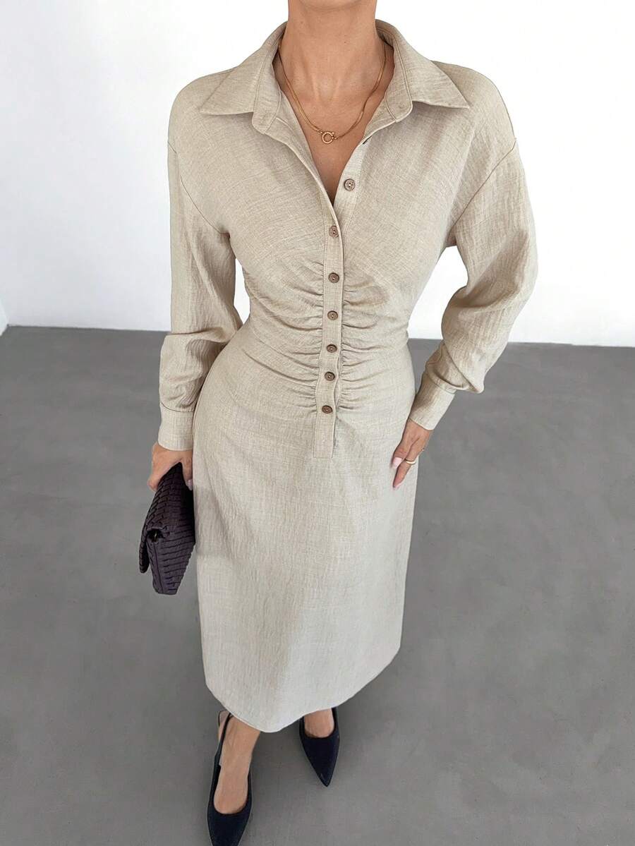 Siren Gaze Women's Elegant Beige Pleated Bust Button Half-Placket Shirt Dress,Autumn Casual Work Linen Long Dresses For Everyday,Vacation,Beach & Spring Clothing - Apricot - View 1
