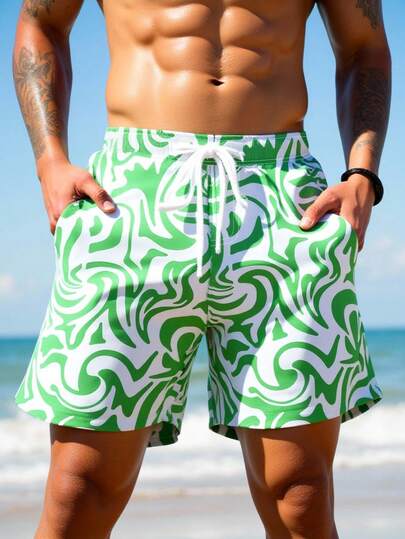 Manfinity Swimmode New Year Glamour Men's All-Over Print Pocket Drawstring Waist Summer Beach Shorts Plus Size Men Beach Shorts Mens Board Shorts Big And Tall Beach Shorts Beach Shorts Green Green Swim Trunks For Men